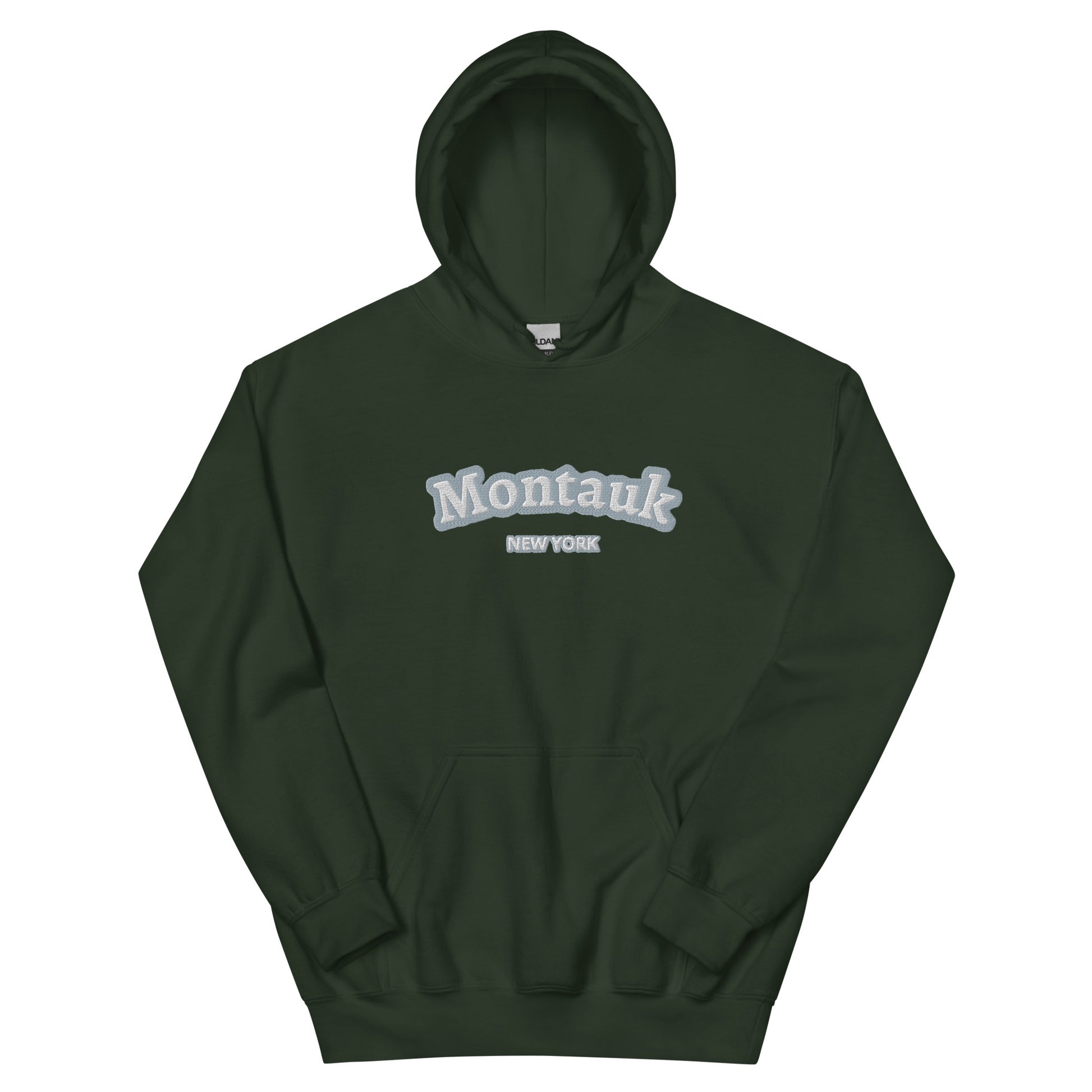 Forest green Montauk Embroidered Hoodie - Unisex Coastal Sweatshirt with classic Montauk New York text, great for East End apparel fans.