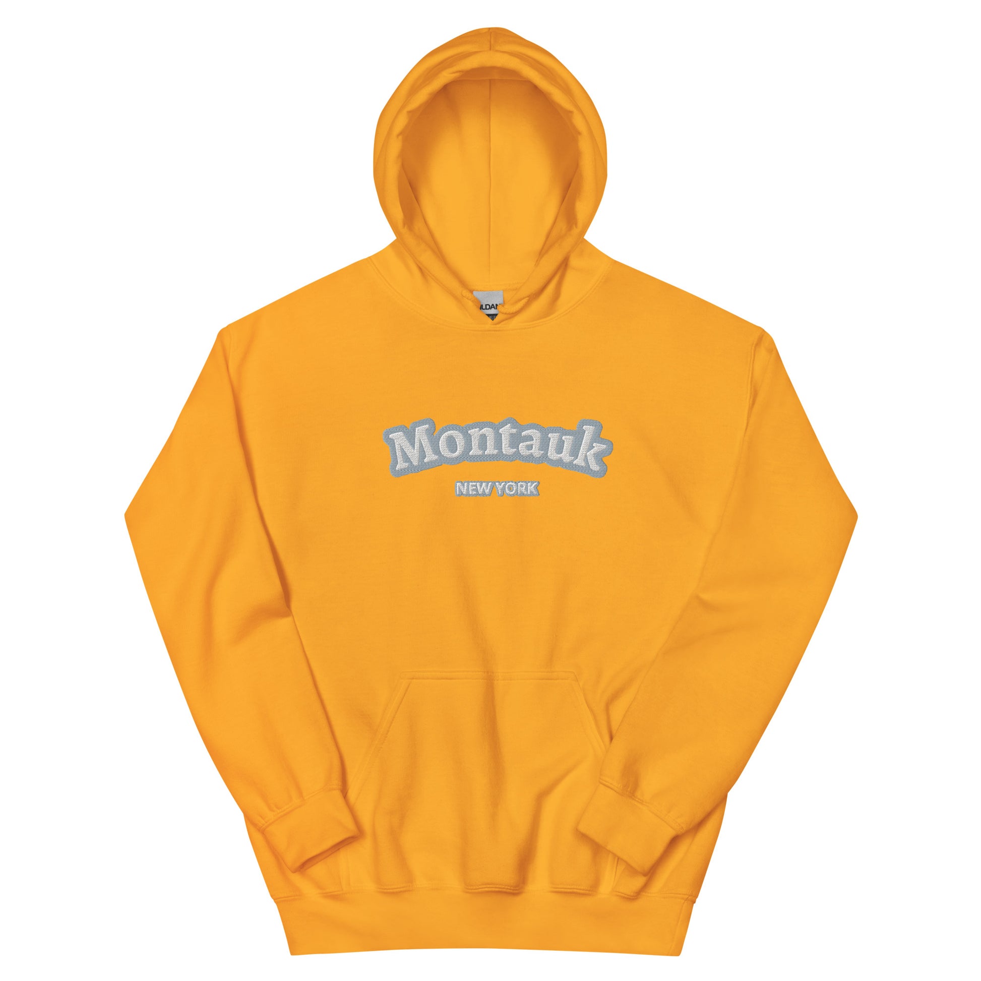 Golden yellow Montauk Embroidered Hoodie - Unisex Coastal Sweatshirt with white text, a bright and bold Hamptons-style sweatshirt.
