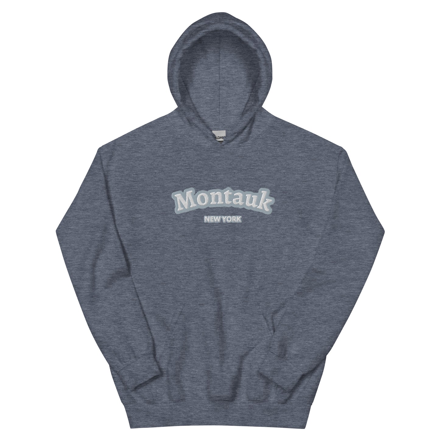 Heather navy Montauk Embroidered Hoodie - Unisex Coastal Sweatshirt with soft embroidery, a perfect Montauk gift or Hamptons sweatshirt.