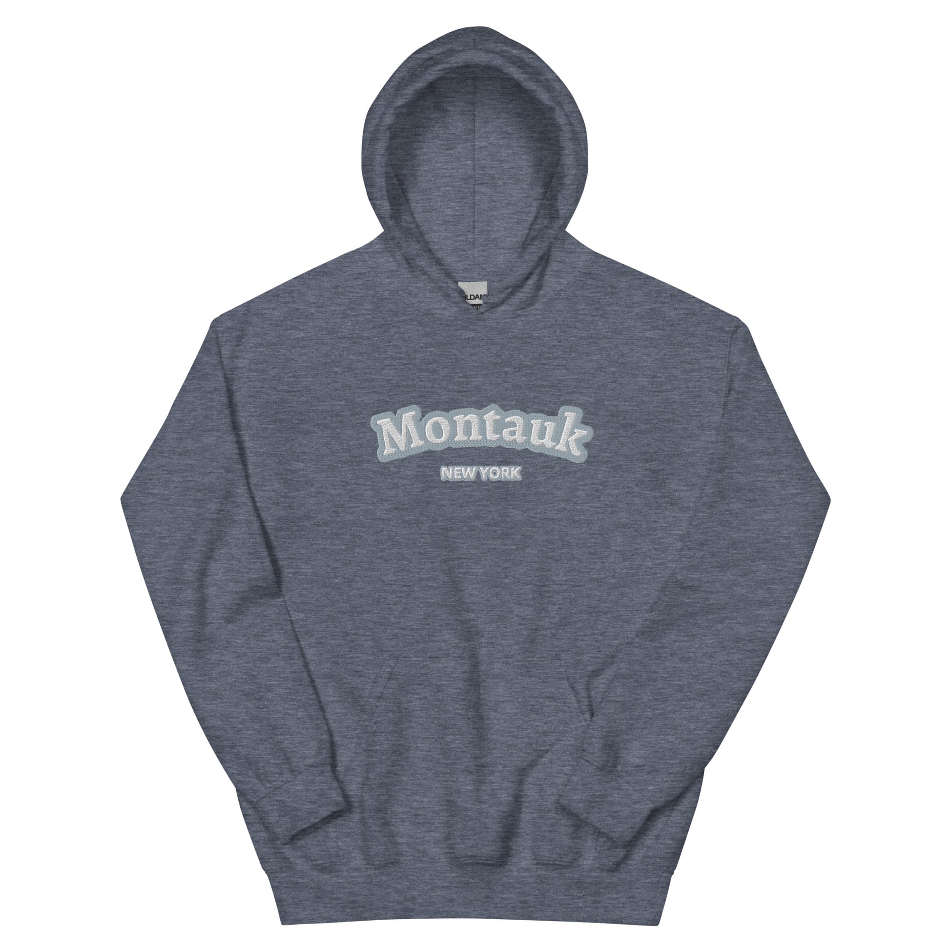 Heather navy Montauk Embroidered Hoodie - Unisex Coastal Sweatshirt with soft embroidery, a perfect Montauk gift or Hamptons sweatshirt.