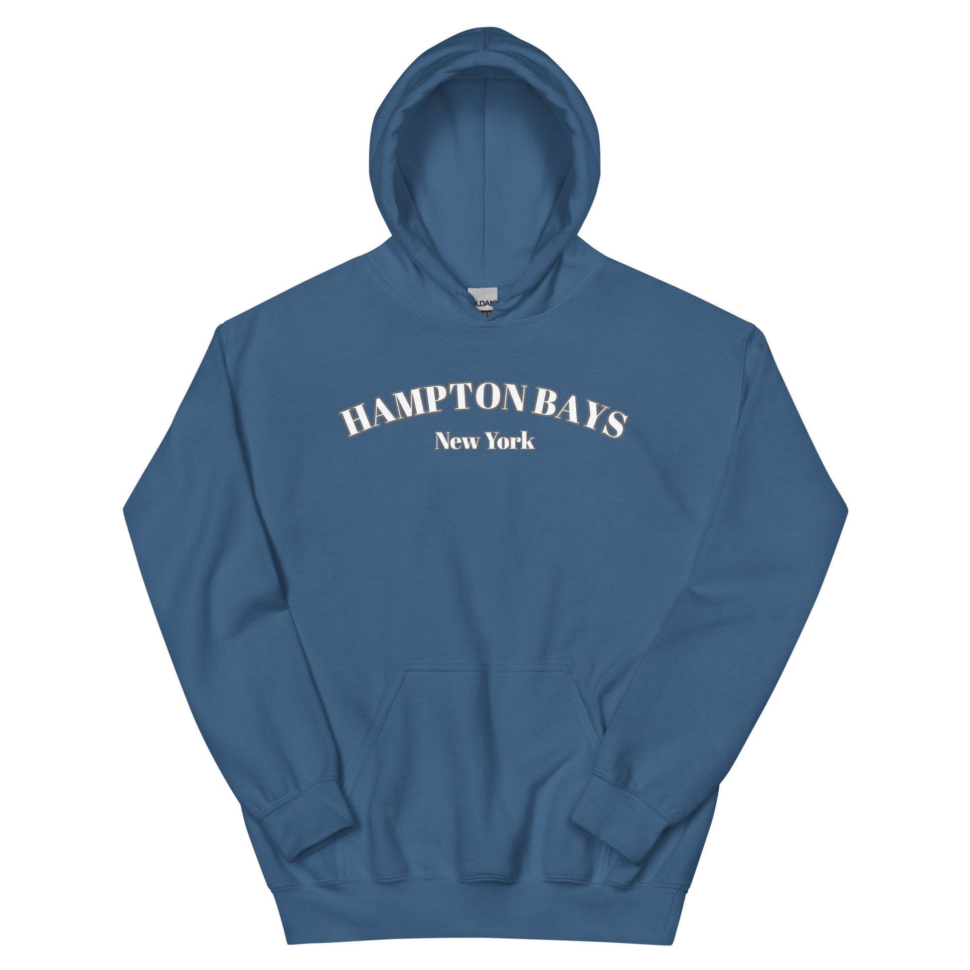 Slate blue Hampton Bays Hoodie flat lay, soft cotton unisex hoodie ideal for seaside evenings and surf-inspired fashion.