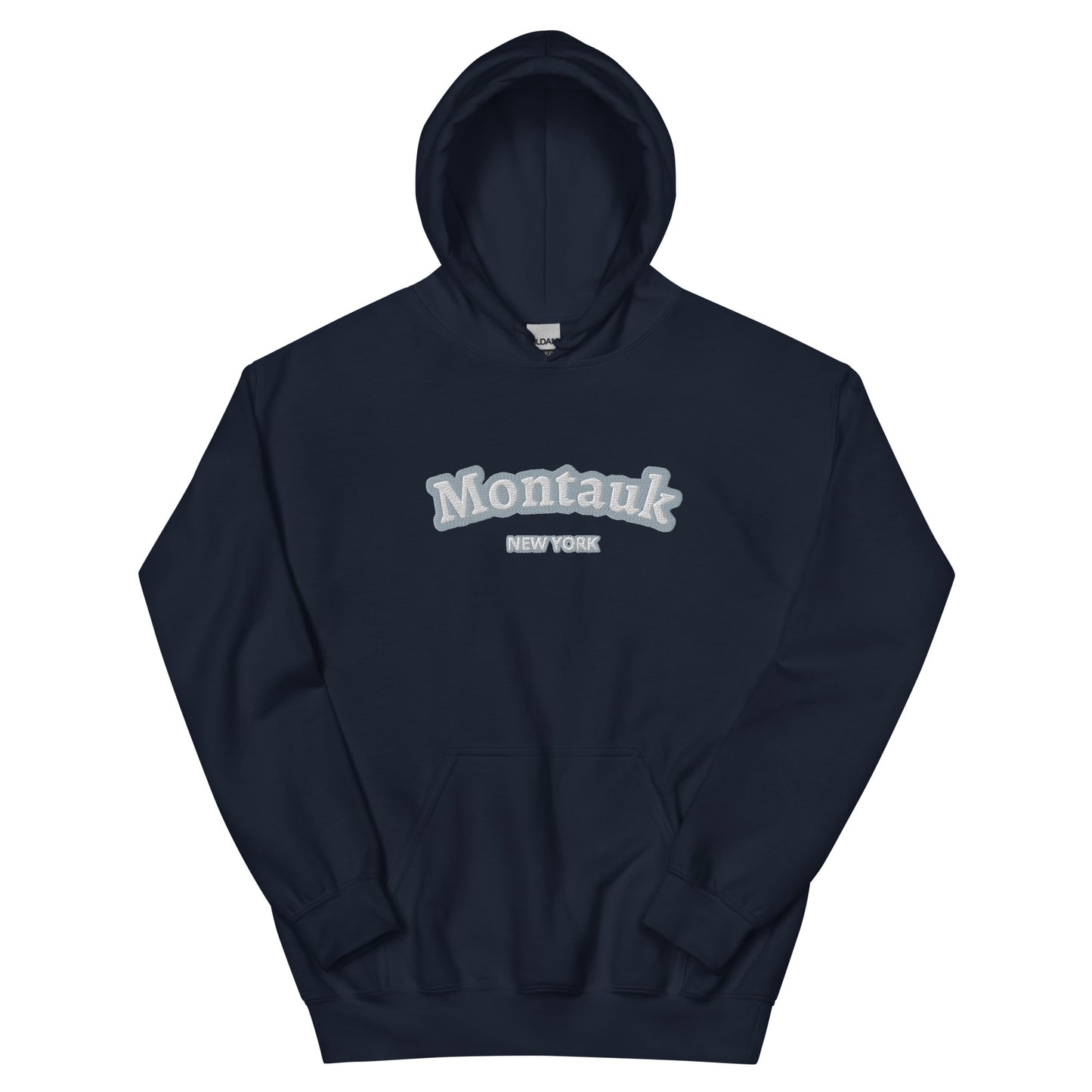 Navy Montauk Embroidered Hoodie - Unisex Coastal Sweatshirt featuring bold white embroidery, perfect for cozy coastal fashion lovers.
