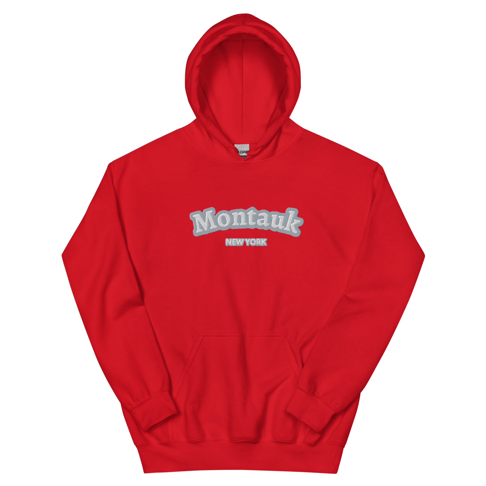 Bright red Montauk Embroidered Hoodie - Unisex Coastal Sweatshirt with white embroidery, a bold choice for beach town streetwear.