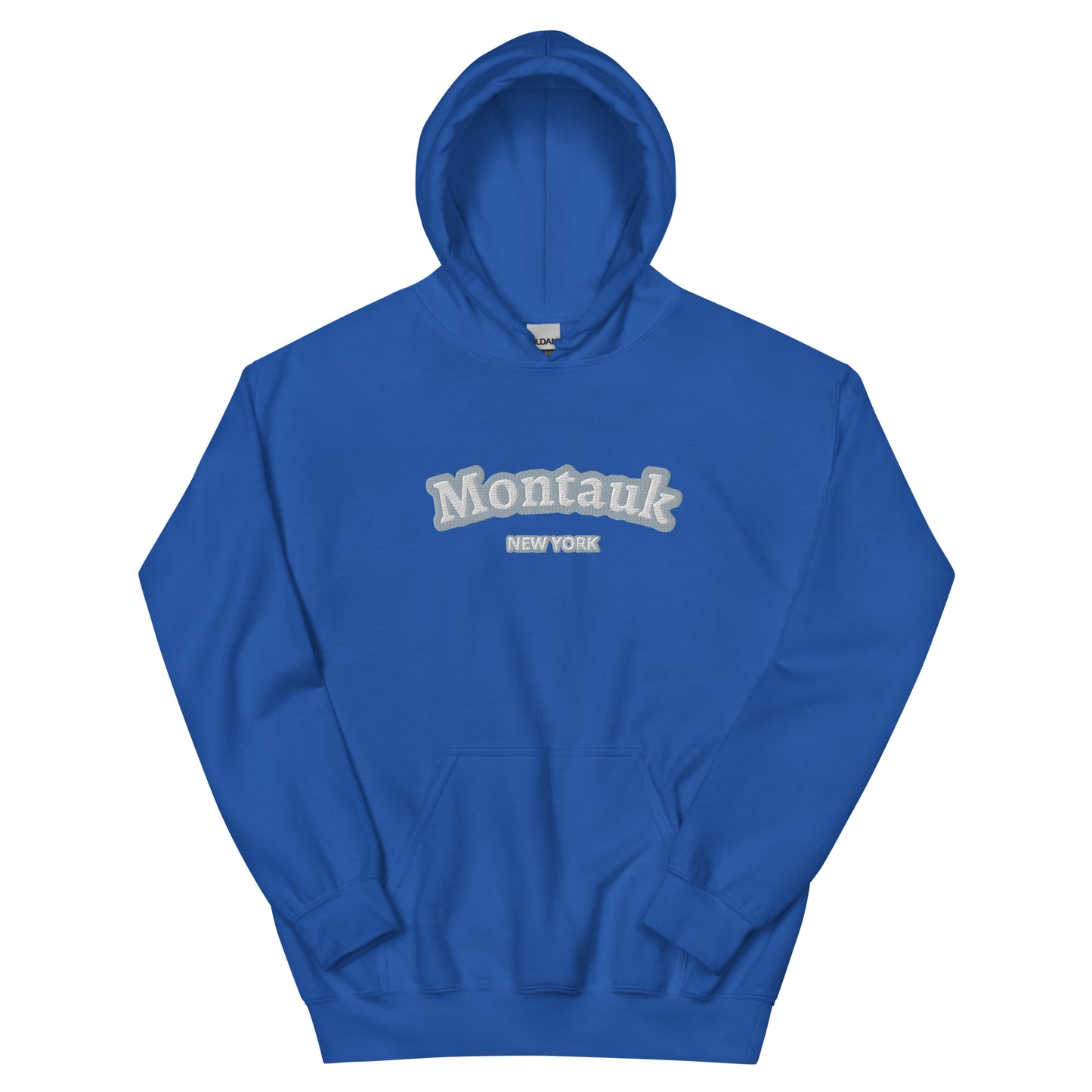 Royal blue Montauk Embroidered Hoodie - Unisex Coastal Sweatshirt with white text, ideal for surfside goods and coastal clothing collections.