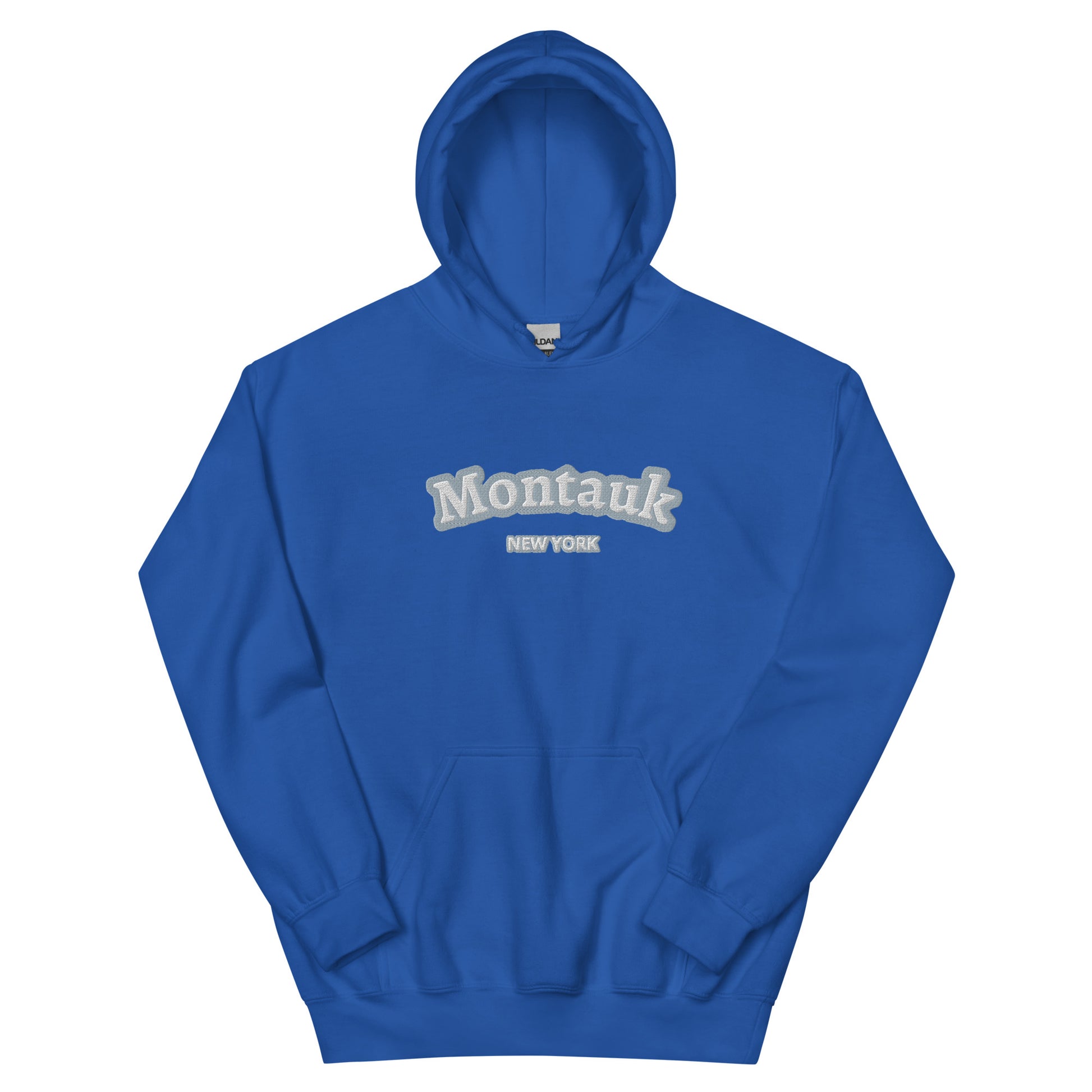 Royal blue Montauk Embroidered Hoodie - Unisex Coastal Sweatshirt with white text, ideal for surfside goods and coastal clothing collections.