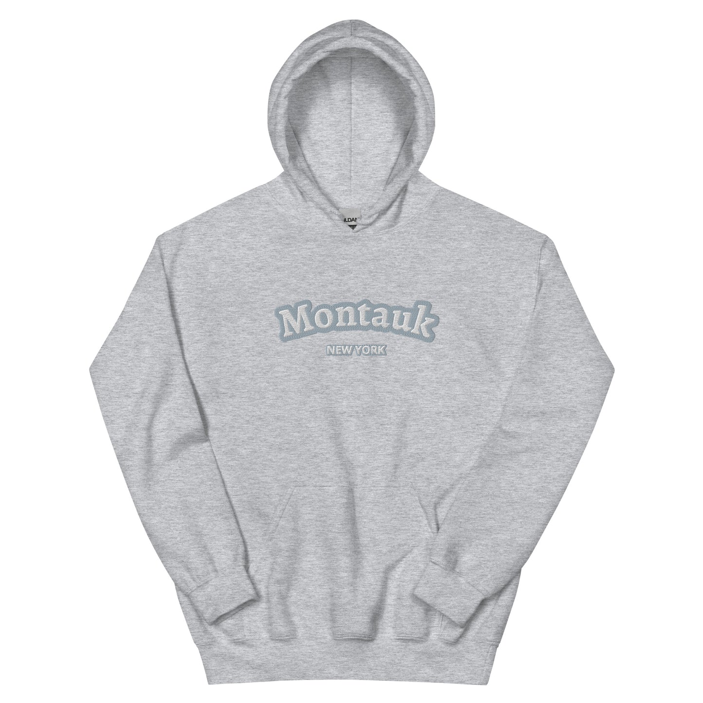 Light heather gray Montauk Embroidered Hoodie - Unisex Coastal Sweatshirt with subtle embroidery, perfect for East End apparel lovers.