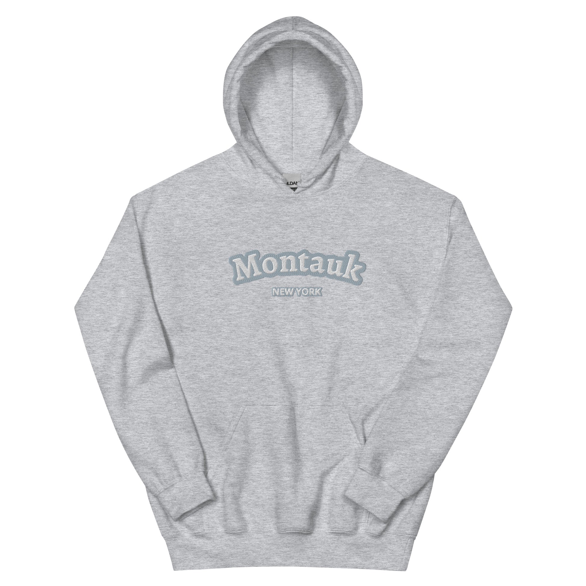 Light heather gray Montauk Embroidered Hoodie - Unisex Coastal Sweatshirt with subtle embroidery, perfect for East End apparel lovers.
