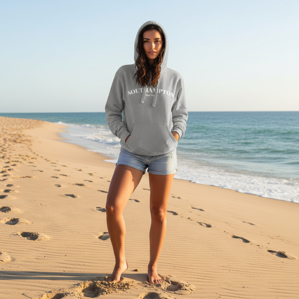 Woman wearing a gray hoodie with on a beach.