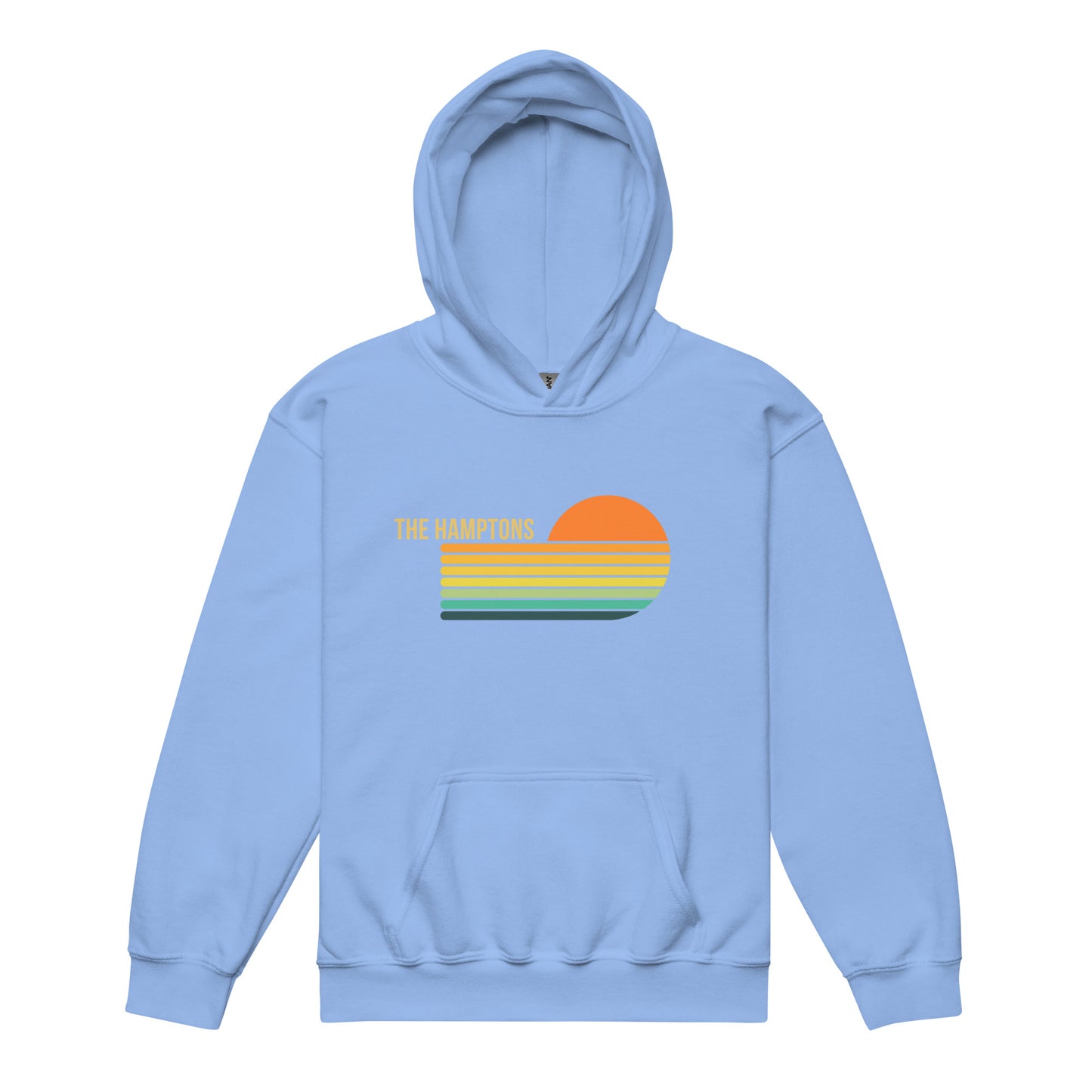 Light blue Kids Retro Hamptons Hoodie with colorful vintage sunset print, offering cozy comfort and Hamptons beach town style.