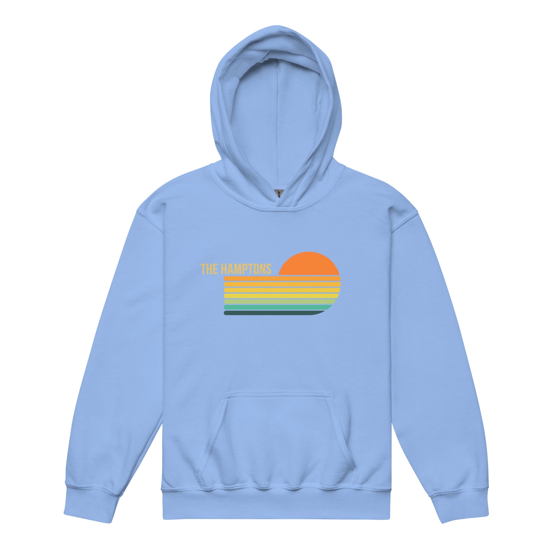 Light blue Kids Retro Hamptons Hoodie with colorful vintage sunset print, offering cozy comfort and Hamptons beach town style.