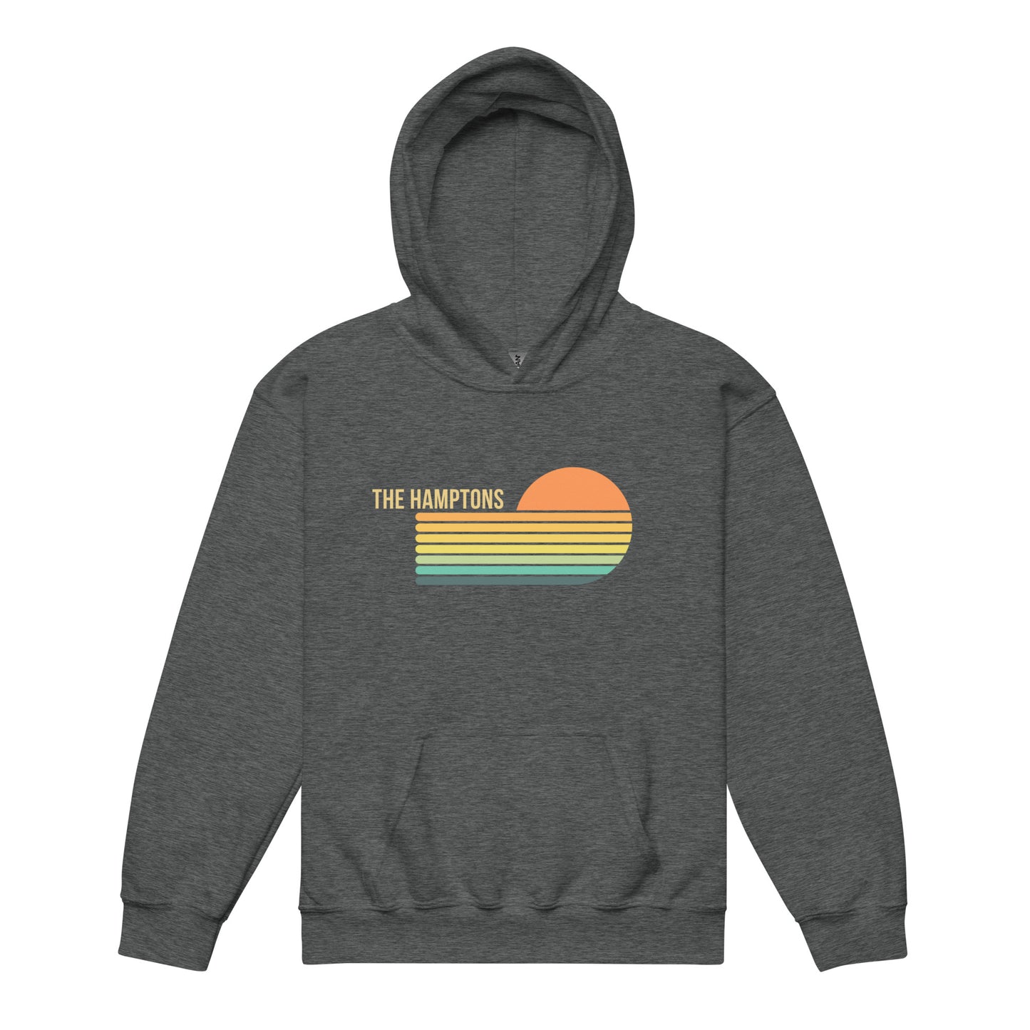 Charcoal gray Kids Retro Hamptons Hoodie with vintage-inspired sunset graphic, combining cozy comfort with East End apparel flair.