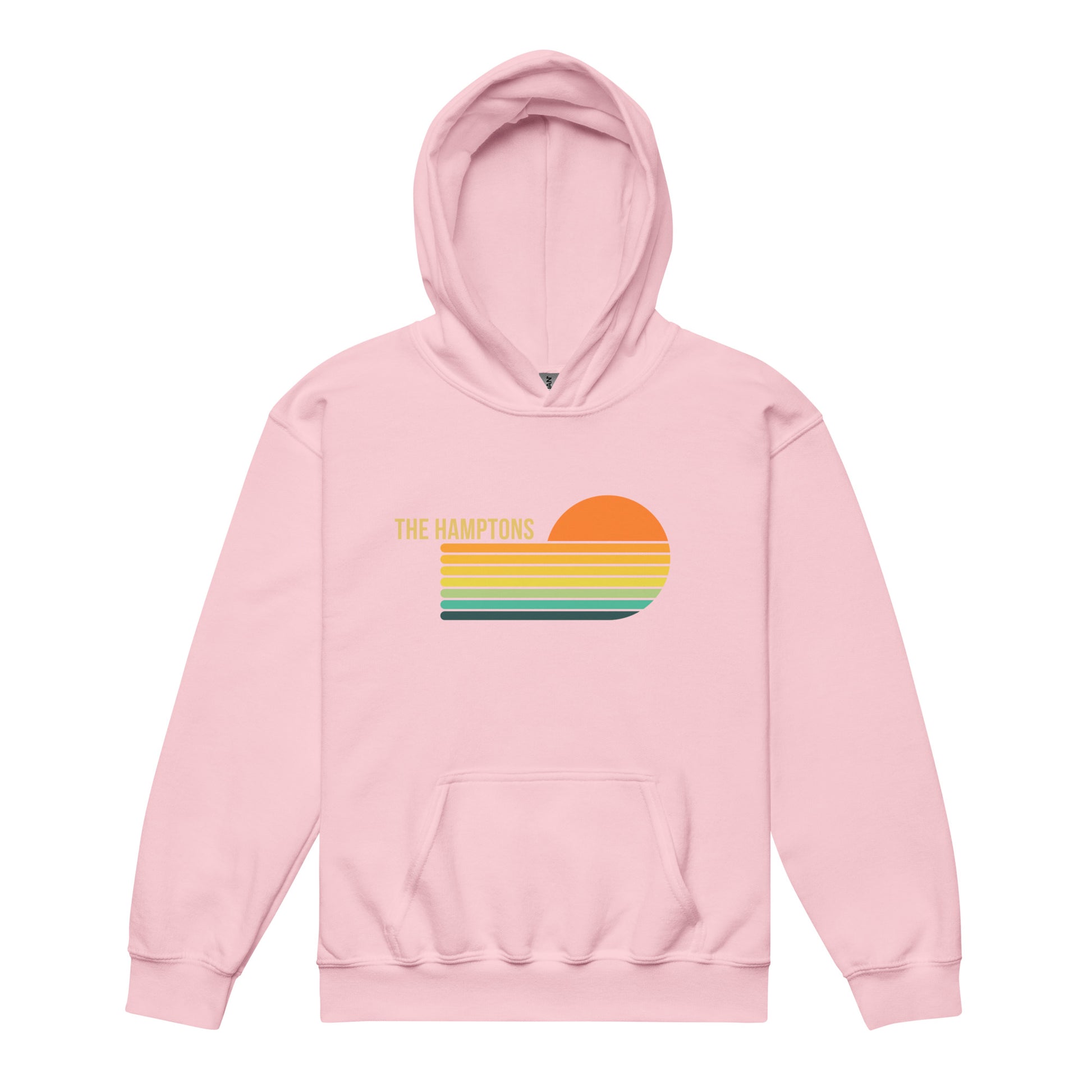 Pink Kids Retro Hamptons Hoodie with retro sunset graphic, blending soft comfort and stylish Hamptons gift appeal for youth.