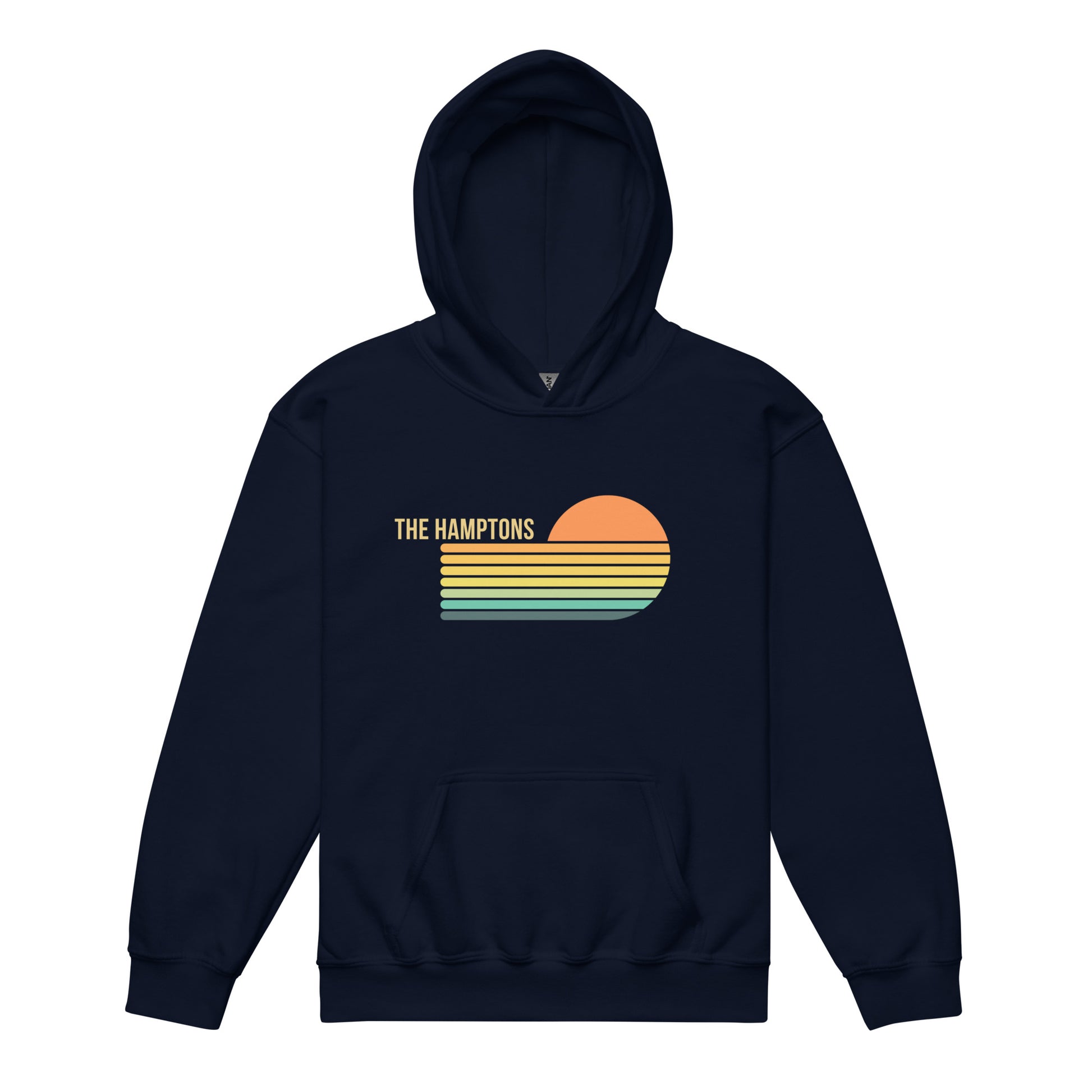 Kids Retro Hamptons Hoodie in navy blue featuring a retro sunset design and 'The Hamptons' text, ideal for beach town style lovers.