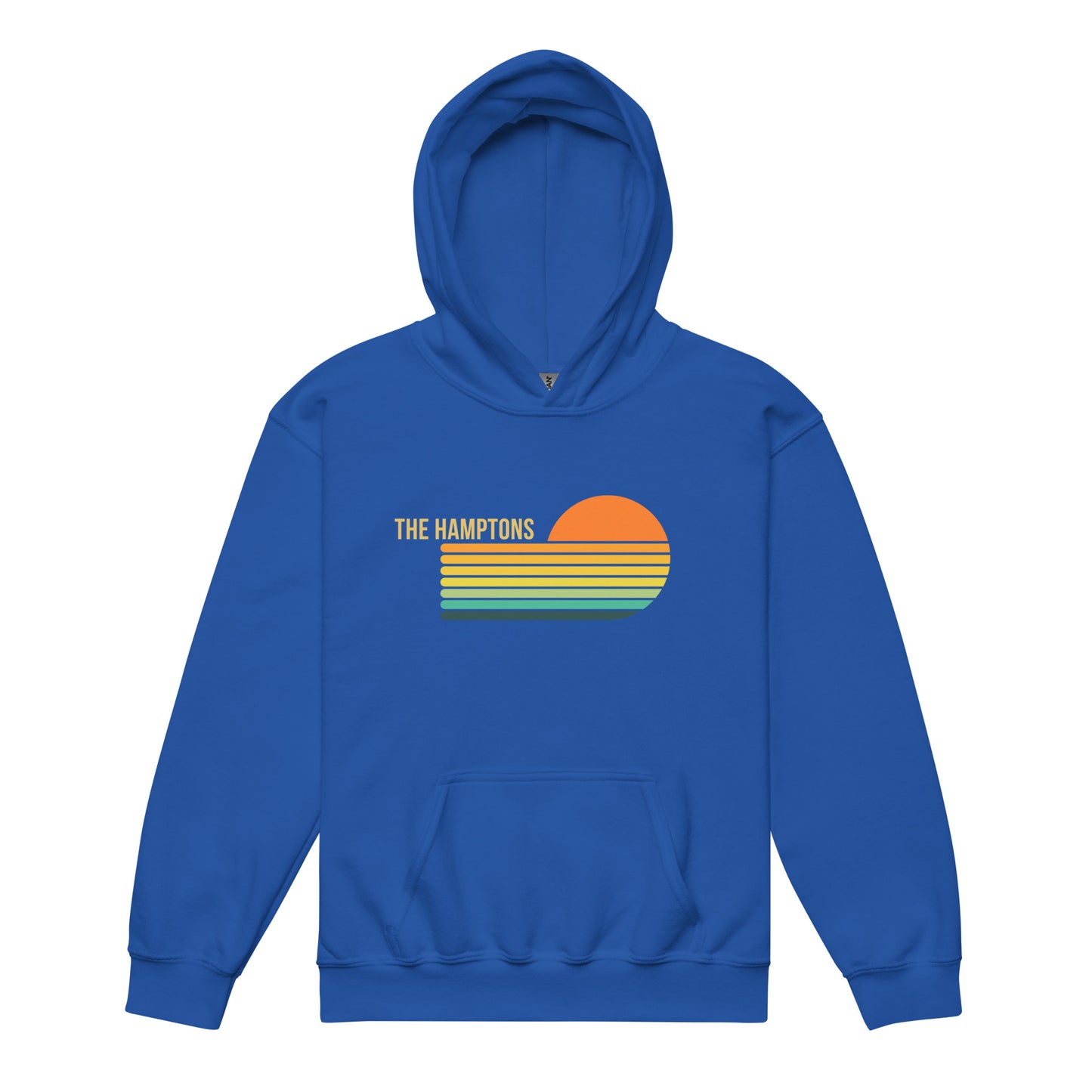 Royal blue Kids Retro Hamptons Hoodie with bold retro sunset design, perfect for unisex youth fashion and coastal kids apparel.