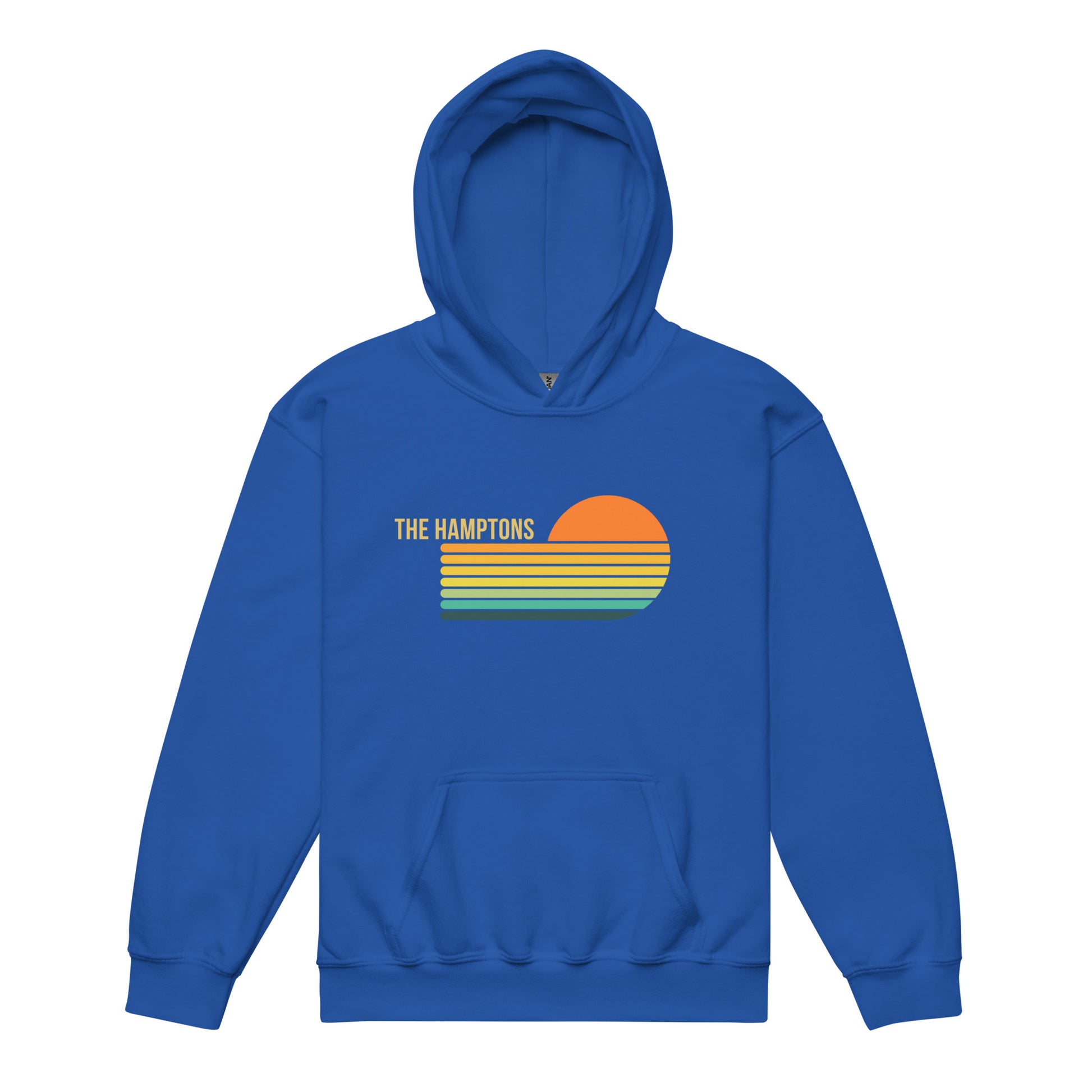 Royal blue Kids Retro Hamptons Hoodie with bold retro sunset design, perfect for unisex youth fashion and coastal kids apparel.