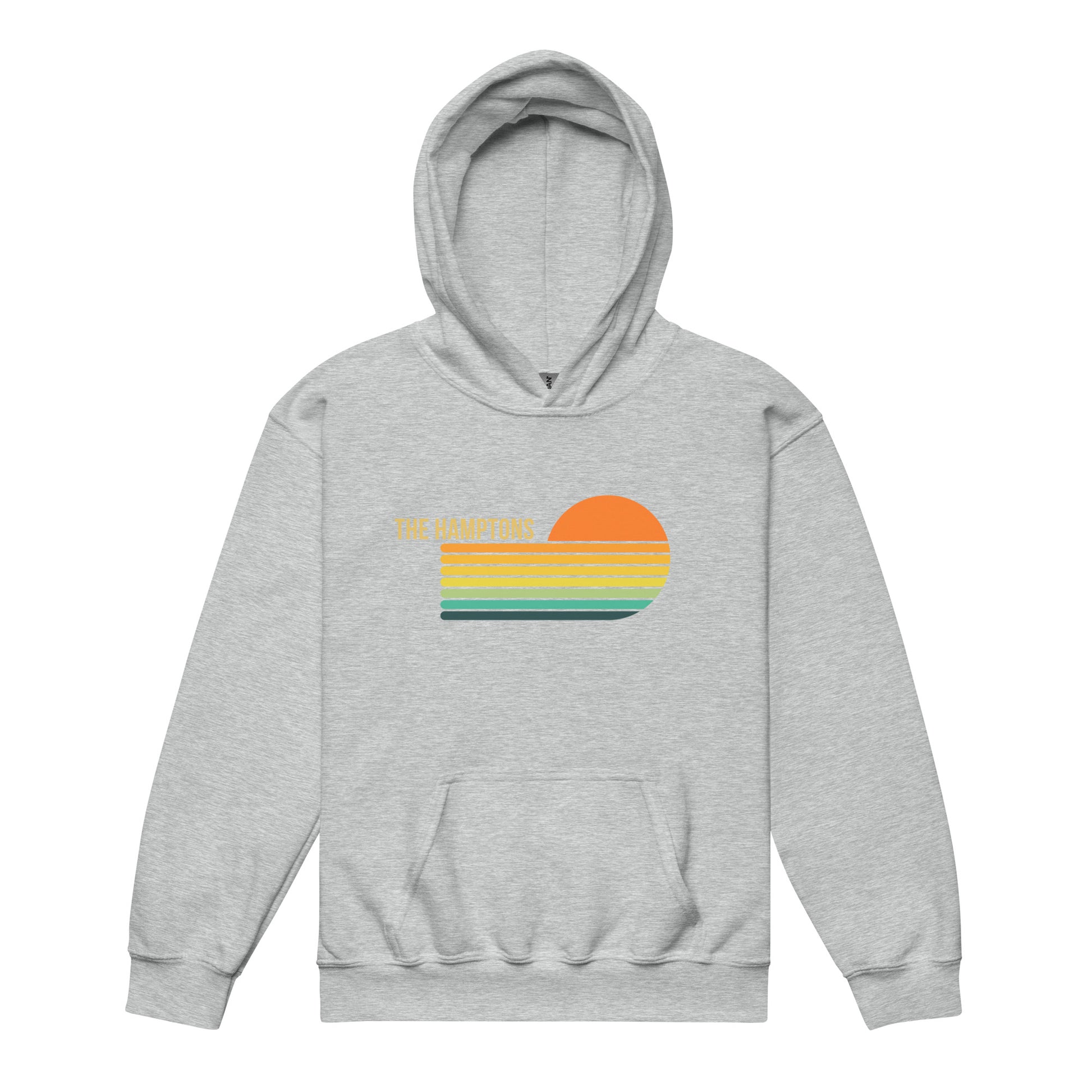 Heather gray Kids Retro Hamptons Hoodie with nostalgic coastal design, ideal for Montauk kids and casual Hamptons clothing fans.