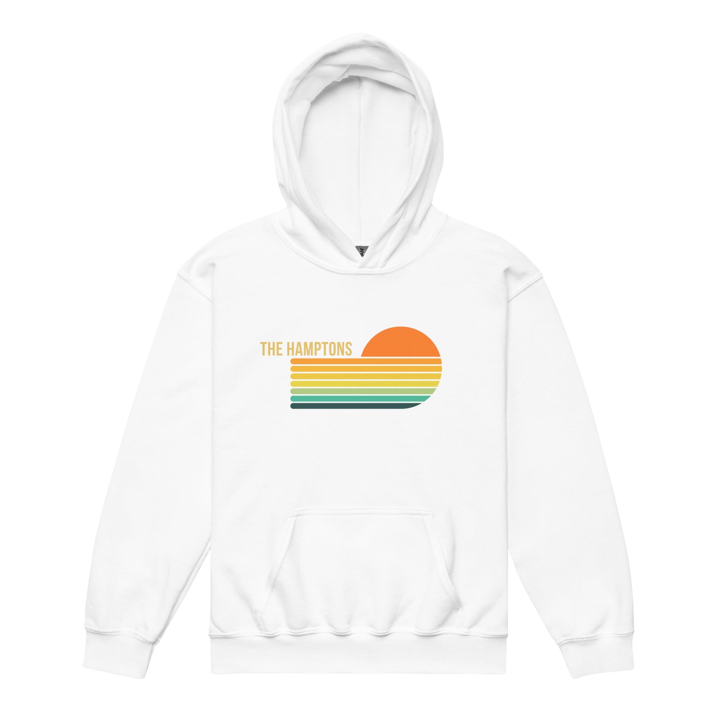 White Kids Retro Hamptons Hoodie with colorful vintage-style sunset and 'The Hamptons' text, perfect for cozy unisex youth wear.